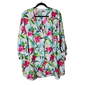 Catherines 3X Button Up Shirt Blouse Floral Print 3/4 Sleeve Roll‎ Tab V-Neck